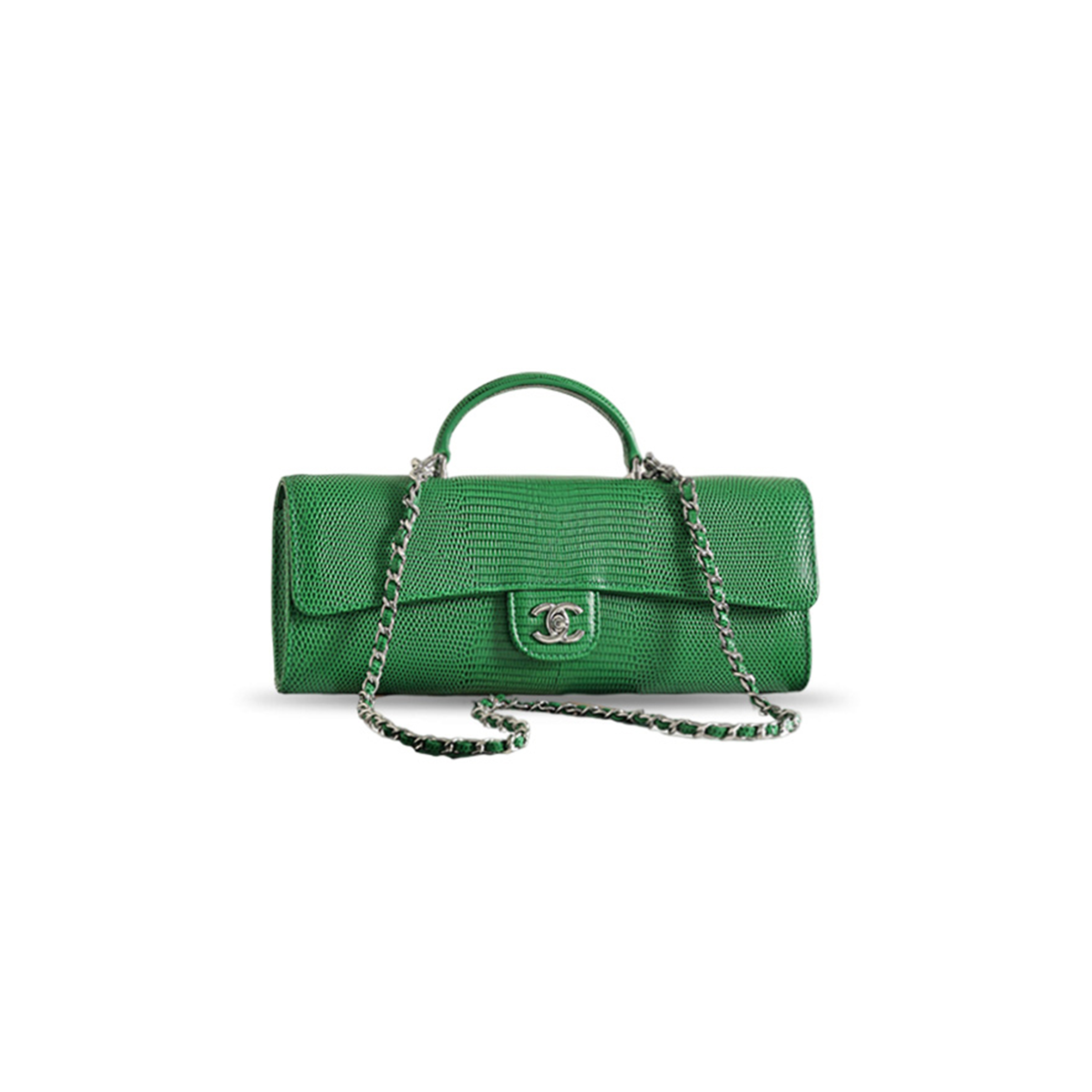 CHANEL CALFSKIN LIZARD EMBOSSED TOP HANDLE LONG CLUTCH WITH CHAIN BLACK AP5280 (25*8*5m)
